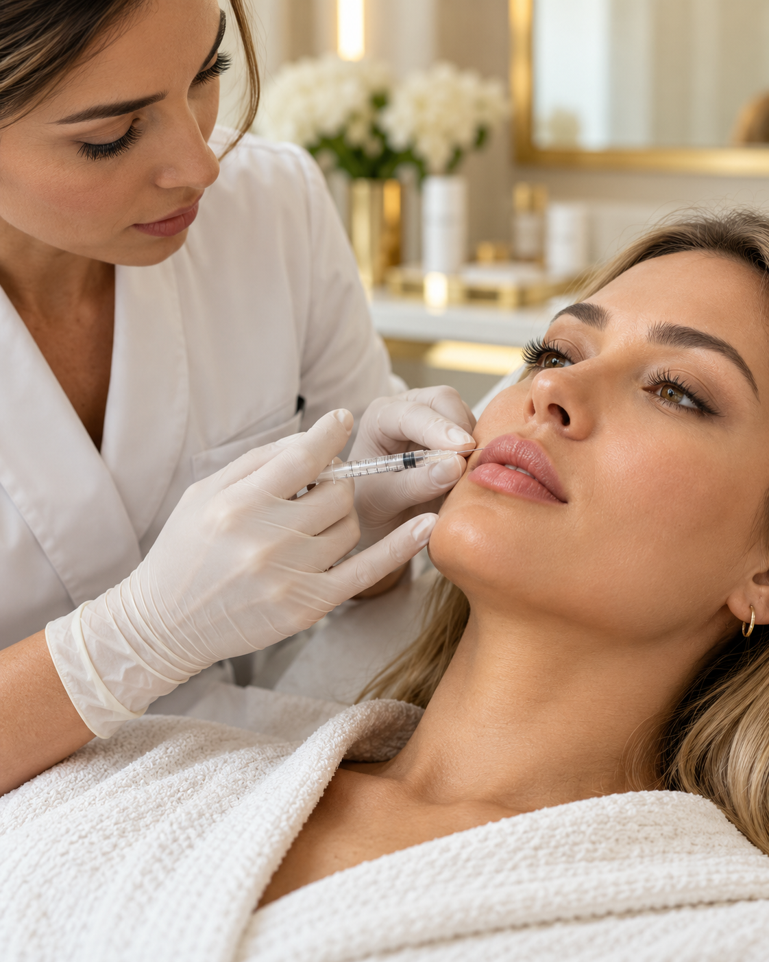 AI-generated illustration of a clinician performing a lip injection on an adult client